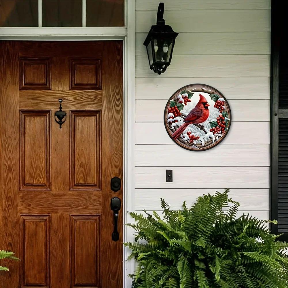 1pc Cardinal and Holly Berry Wreath Sign Christmas Holly Rough Metal Tin Sign Elegant and Noble Bird Decorative Wall Hanging