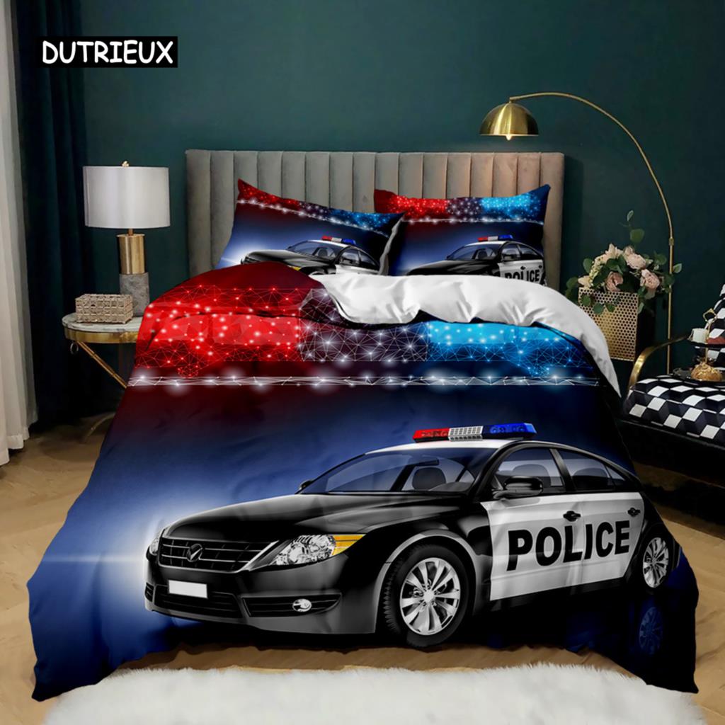 Пододеяльник с изображением полицейской машины, черный комплект постельного белья с изображением полицейской машины, чехол для одеяла с изображением мультяшного транспортного средства, красный чехол для пододеяльника с изображением полицейских огней из полиэстера