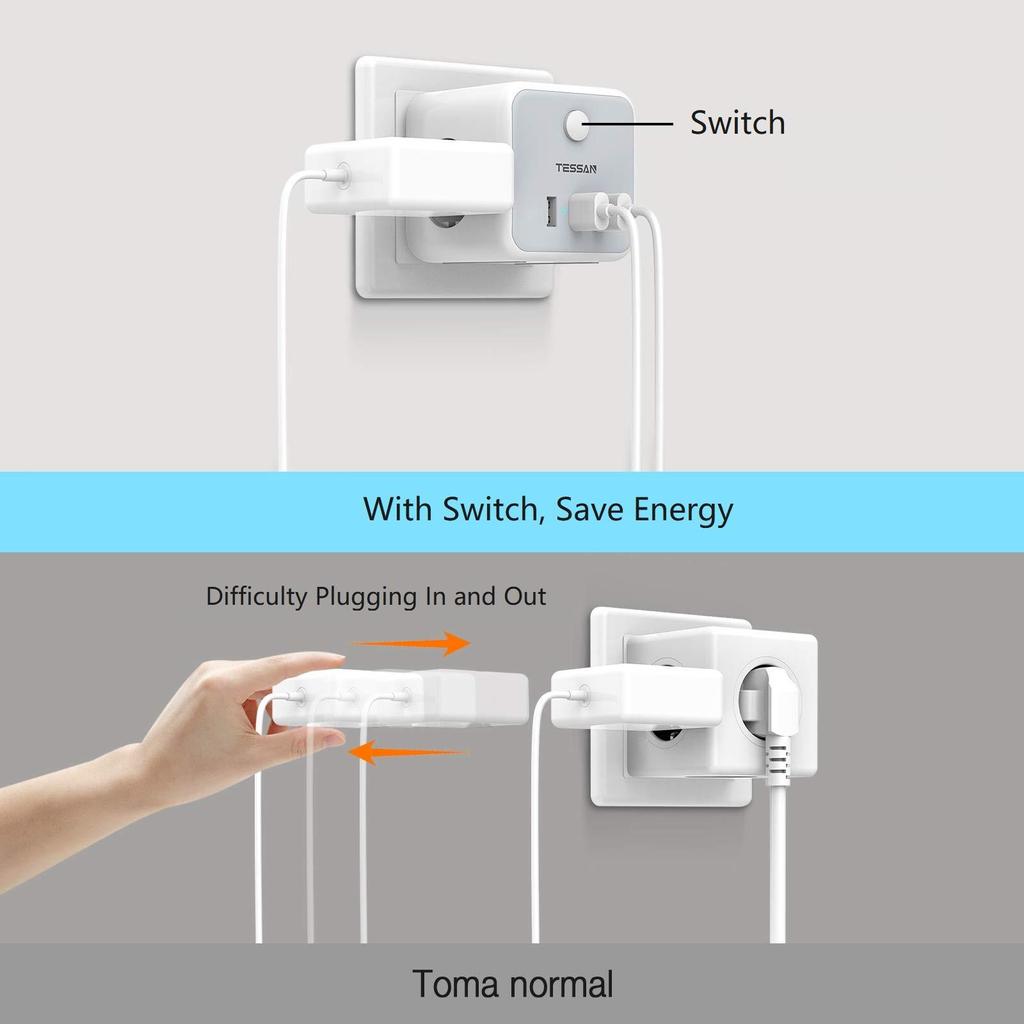 Tessan USB-разъем европейского стандарта с 1/3 розетками переменного тока, 2/3 USB-портами для зарядки и переключателем включения/выключения, дорожным адаптером для настенного зарядного устройства ЕС