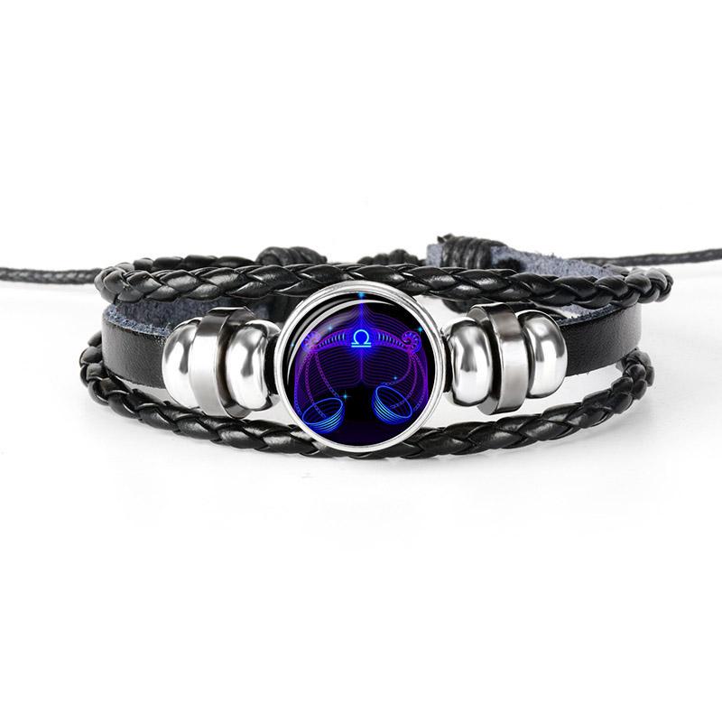 Night Light Up Zodiac Sign Braided Leather Bracelet for Men Women - 12 Constellation Horoscope Adjustable Wristband