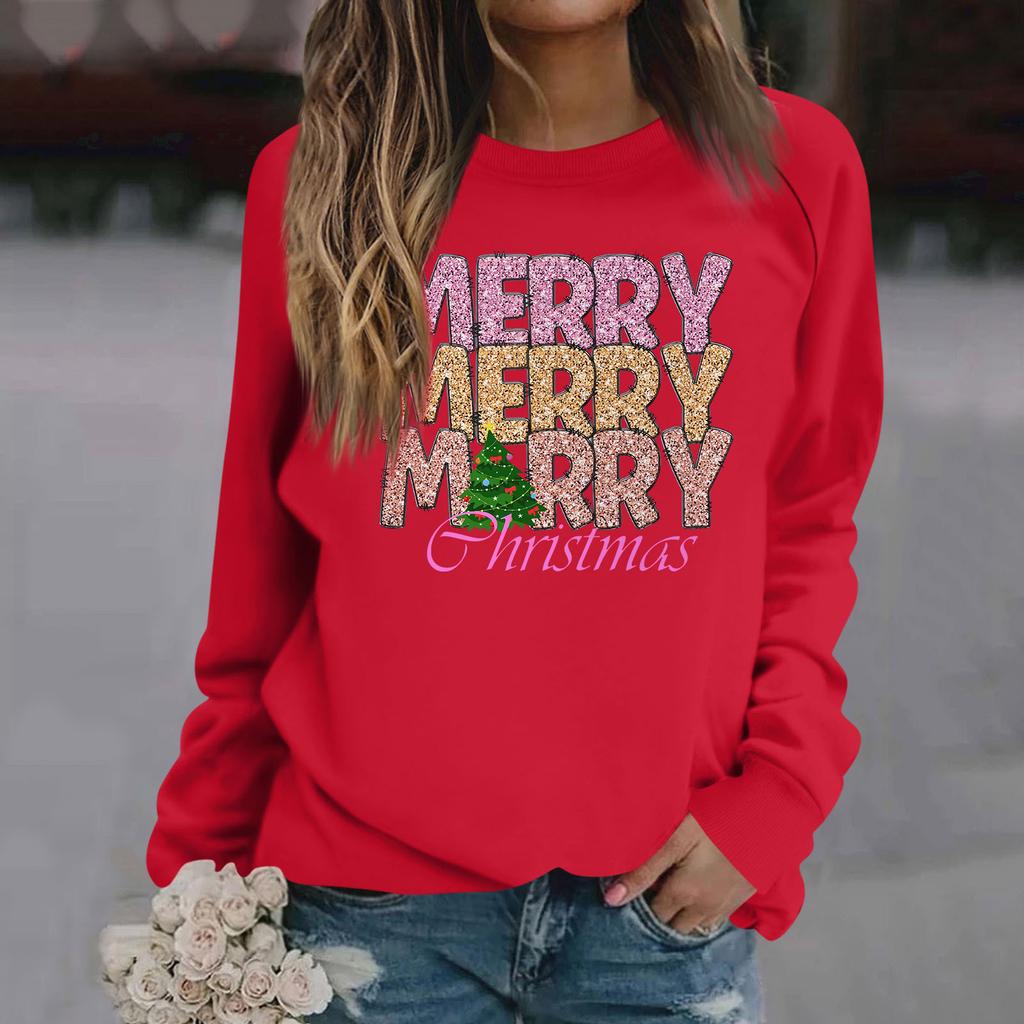Женские футболки, свободные, модные и повседневные толстовки с круглым вырезом и длинными рукавами с рождественским принтом