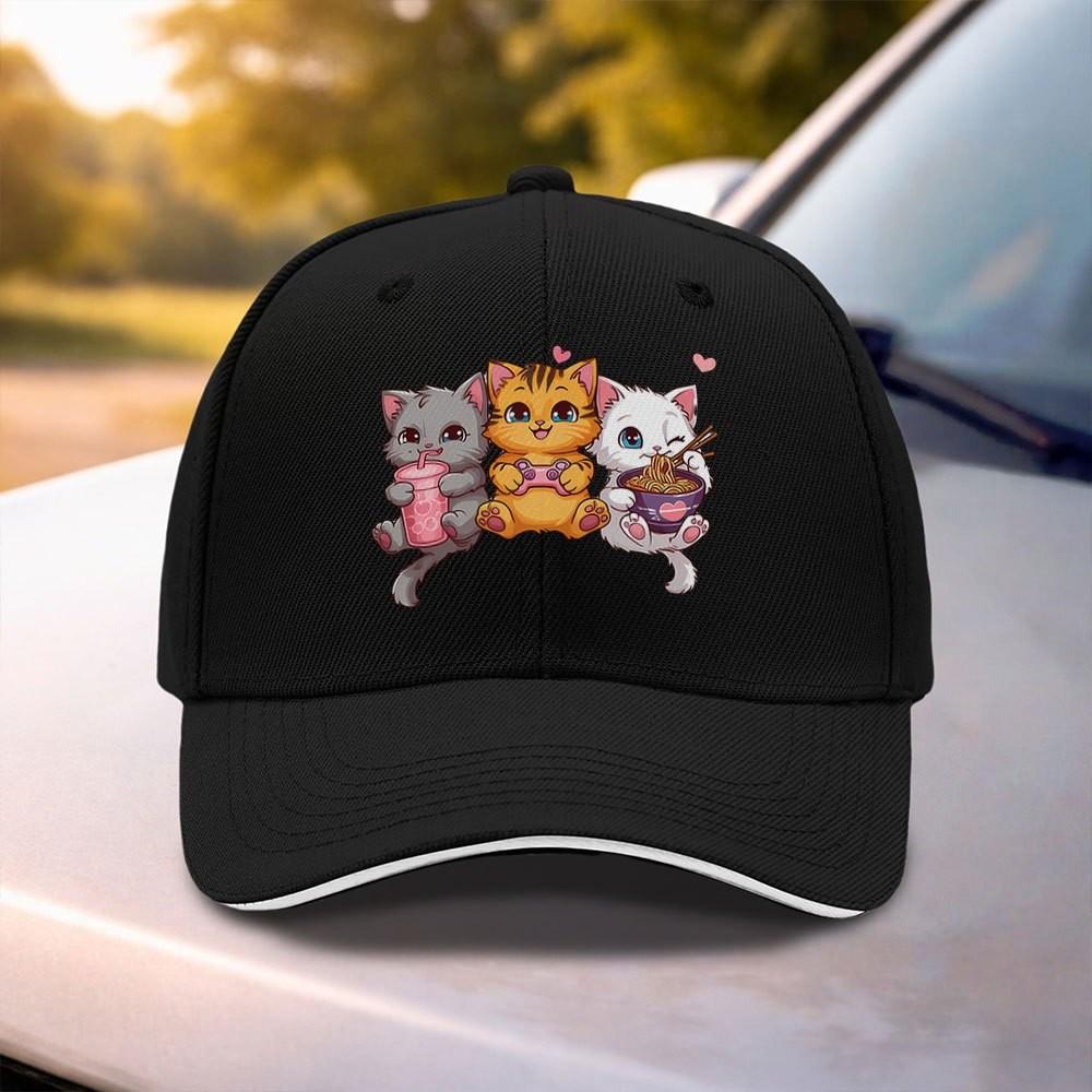 Cute Cats Eating Ramen Bubble Tea Baseball Cap Adjustable Breathable Outdoor Sports Cap