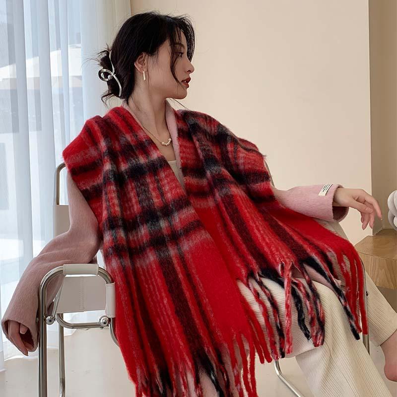 Winter New Scarf Women's Winter Thickened Warm Scarf Colored Plaid Fringed Scarf Shawl Fashionable Outer Cover