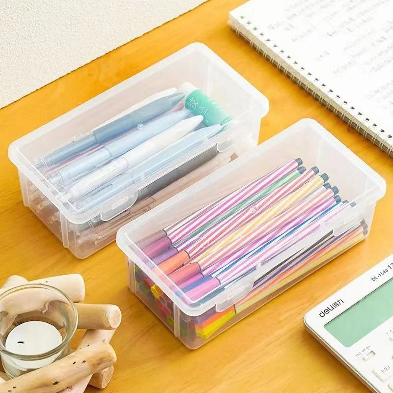 1Pc Large Capacity Plastic Pencil Box Stackable Translucent Clear Pencil Box Office Supplies Storage Organizer Box