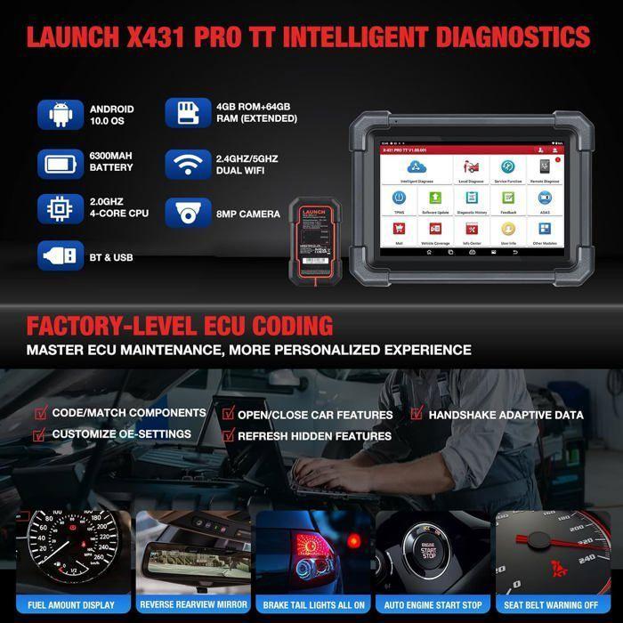Диагностический чемодан для автомобиля - LAUNCH - X431 Pro TT - Двунаправленная диагностика - Кодирование ЭБУ - 38+ сбросов