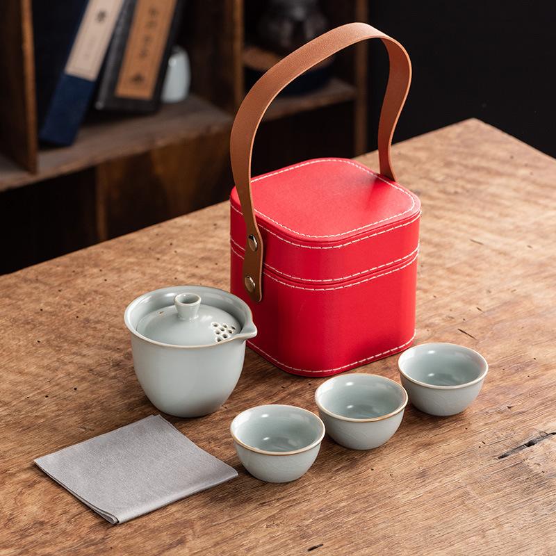 Celadon Ge Kiln Opening Film Can Raise Outdoor Portable Travel Tea Set, One Pot of Three Cups of Kuaike Tea Cup Gifts
