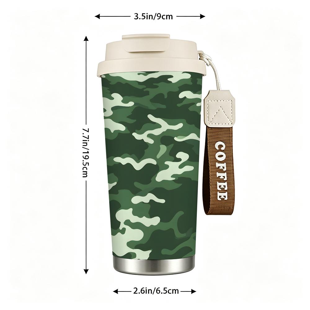 Green Camo Pattern Travel Stainless Steel Insulated Coffee Tumbler Walled Vacuum Thermal Cup for Outdoor Camping Hiking Commute