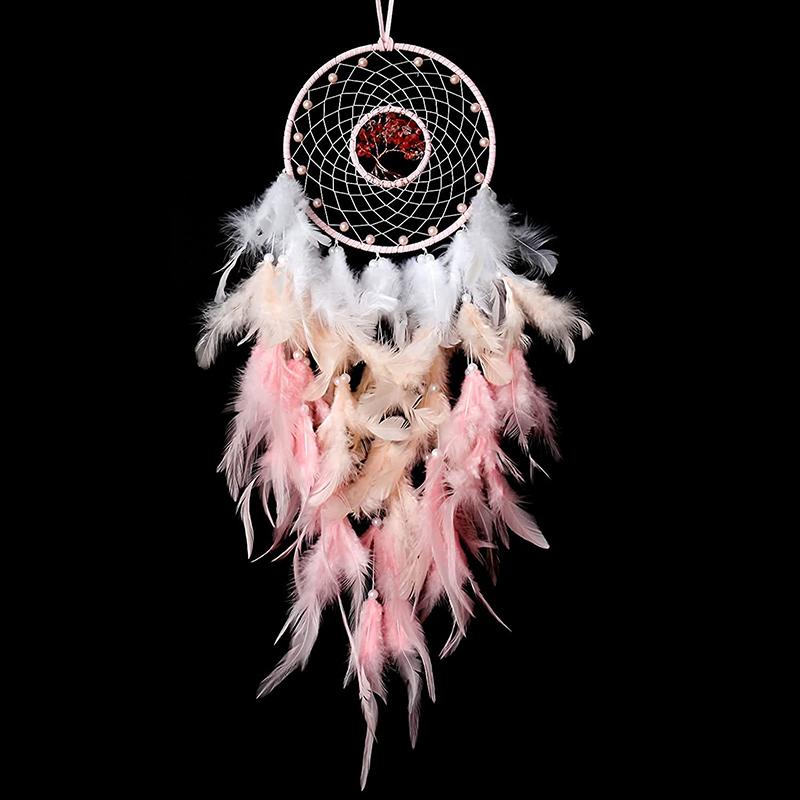 Tree Of Life Dream Catcher Handmade Pink Gravel Wall Hangings Feather Craft Home Decor Wind Chimes Dreamcatchers Room Decorate Quality