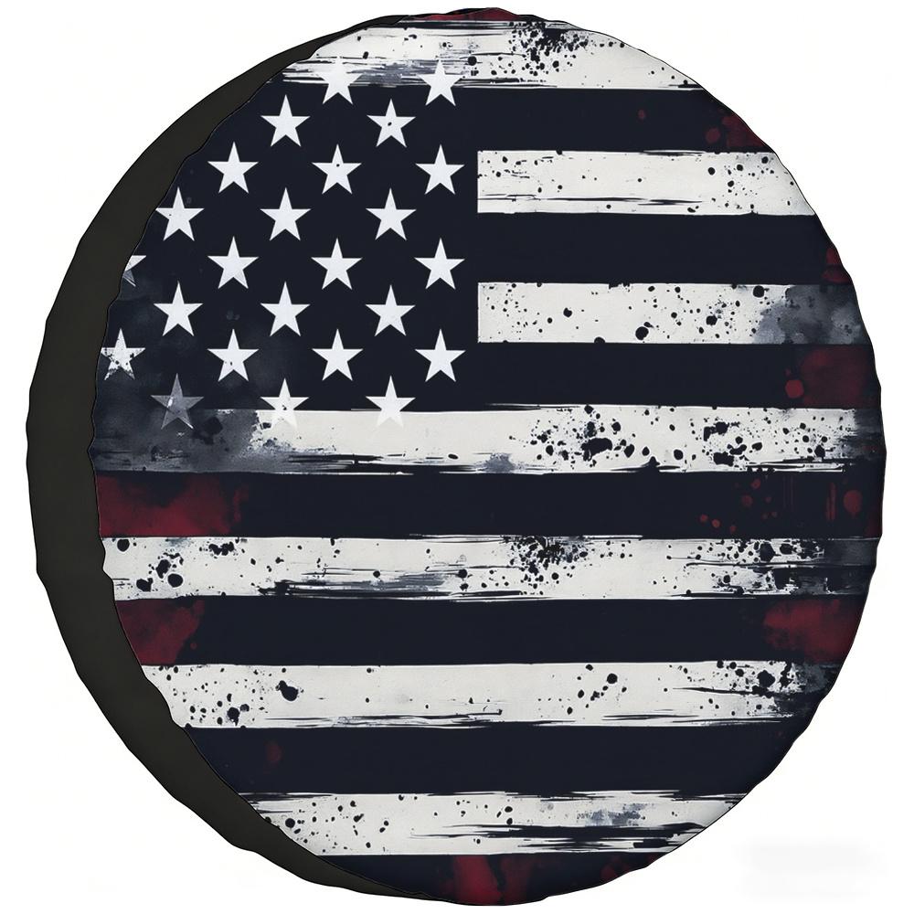 2D Flat 1pc Distressed Black And White American Flag Print Spare Tire Cover, Waterproof, Wear-Resistant, Scratch-Resistant, Dust