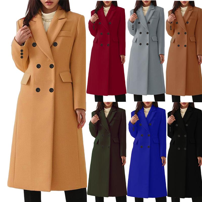 Women's Autumn and Winter European Style Long Large Size S-5XL Solid Color Woolen Women's Coat Woolen Coat Women