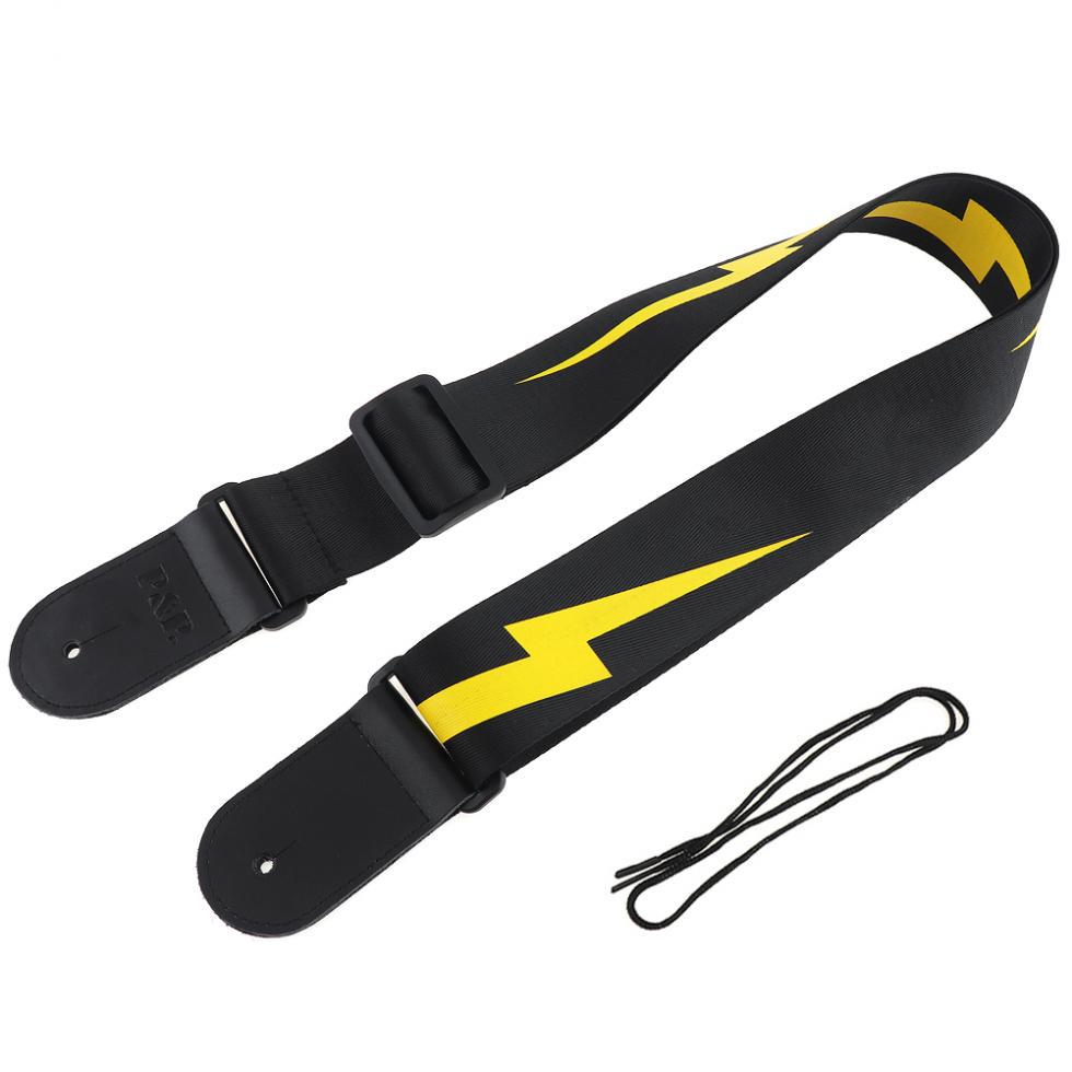Регулируемый гитарный ремешок с желтым узором молний и головкой из натуральной кожи для акустической бас-гитары