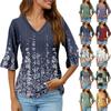 Рубашки с рукавом 3/4 для женщин, свободная футболка с принтом, топы с v-образным вырезом и рюшами на рукавах
