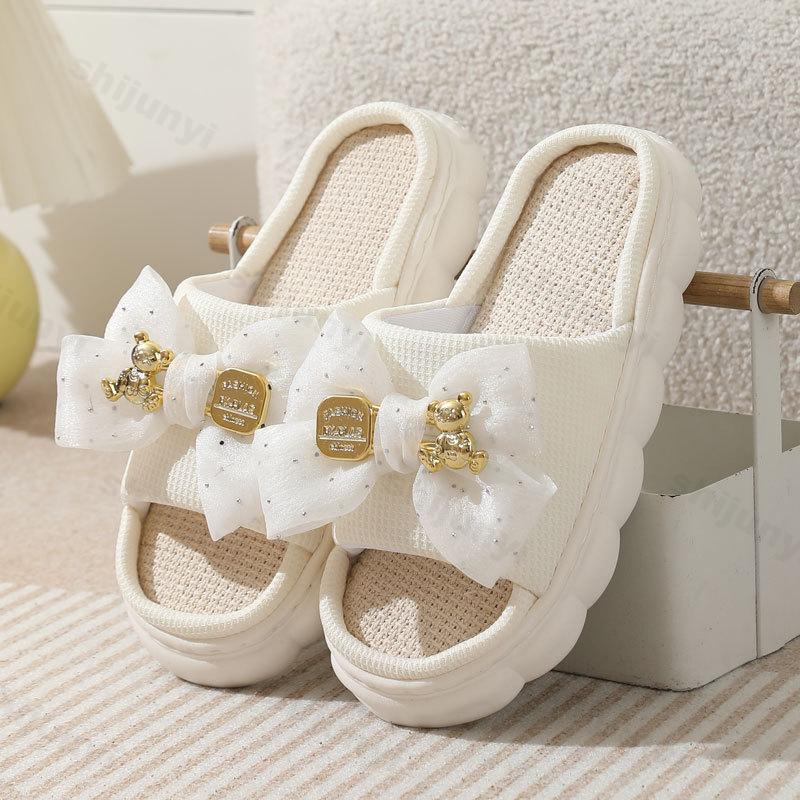 Мода 2025 Лето Льняные Женские Тапочки Домашние Тапочки Удобная Толстая Подошва Платформа Женские Модные Бант Комнатные Тапочки Оптом