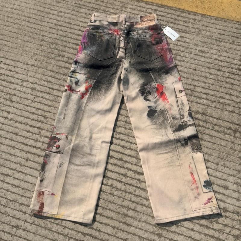 Vintage 1981 Tie-Dye Graffiti Print 3D Textured Distressed Wide-Leg Denim Jeans Men