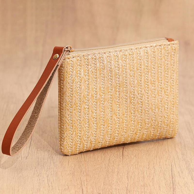 Тканая сумка, модный женский браслет, клатч, женский повседневный клатч для денег, телефона, однотонный соломенный тканый кошелек для монет, пляжный кошелек, держатель для карт