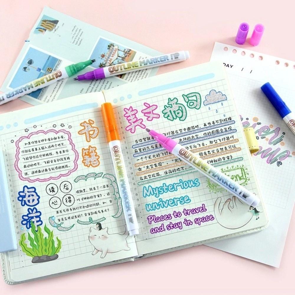 Double Line Highlighter Outline Marker Multicolour Metallic Paint Marker  for Girls Teens
