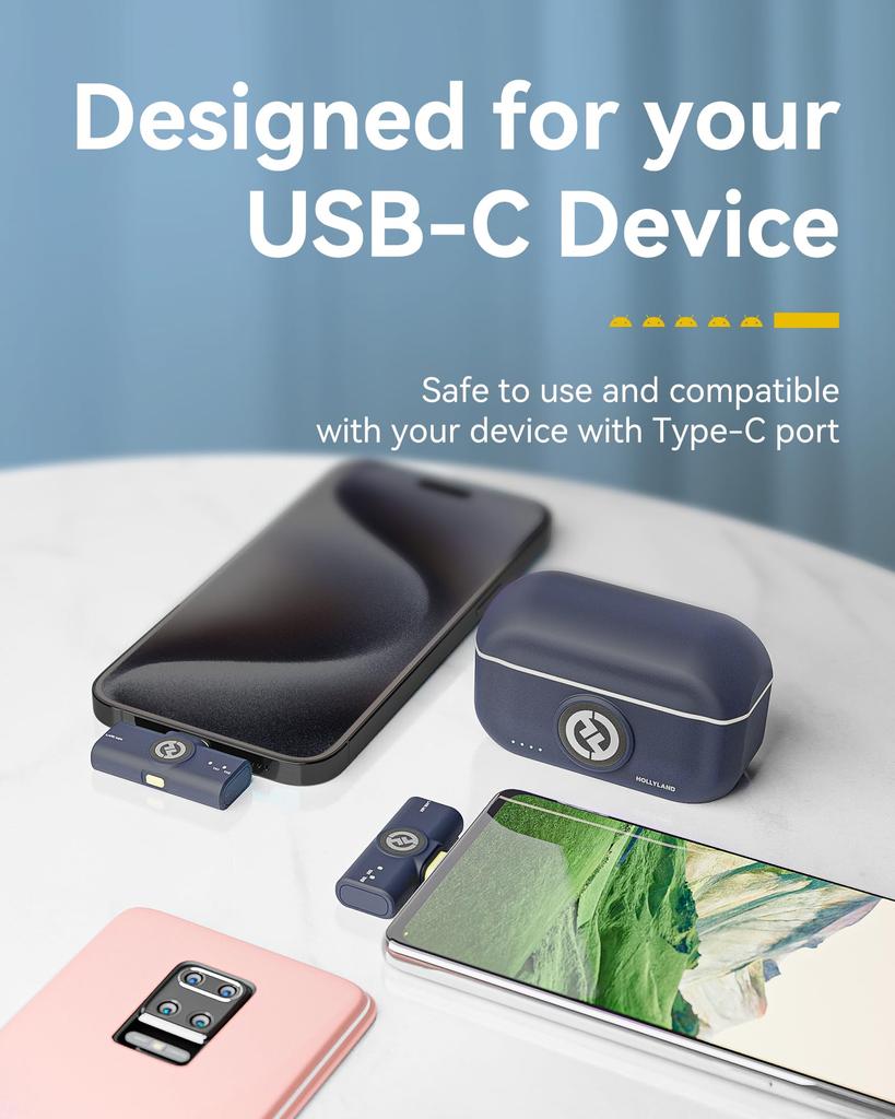 Hollyland Lark M2 USB-C Wireless Microphone, 48kHz/24bit HD Audio, 300m Range, 40H Battery, Noise Cancellation, Magnetic Clip, for Phone PC Vlog