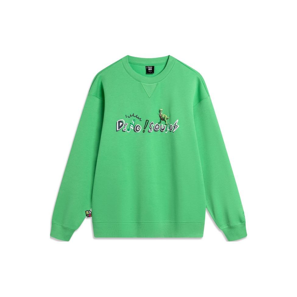 Li Ning X Disney Collaboration Hugging Dragon Series Long Sleeve Round Neck Loose Fleece Sweatshirt Unisex Sweatshirt Secret-Realm-Green AWDU497-5