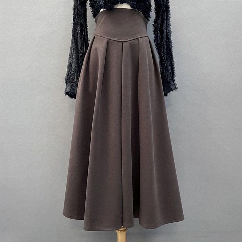HI-FASHION шерстяная длинная юбка для женщин, женская элегантная юбка-миди трапециевидной формы, осень-зима, плиссированные юбки с высокой талией
