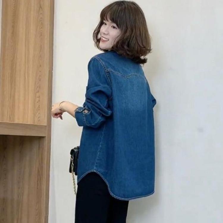 Vintage Denim Blue Blouse for Women Casual Loose Long Sleeve Button Autumn Outerwear