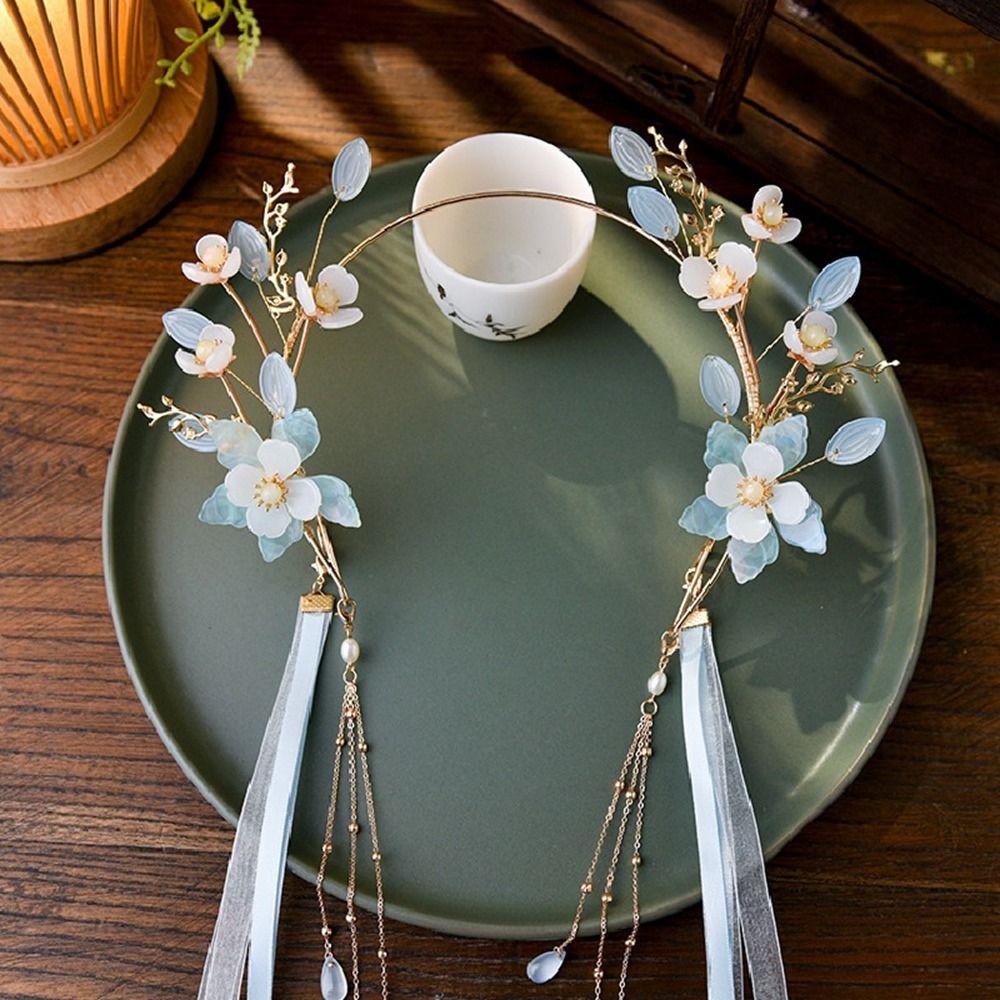 Повязка на голову с цветком и жемчугом в китайском стиле, головной убор в виде короны в стиле ханьфу, старинная шпилька для волос