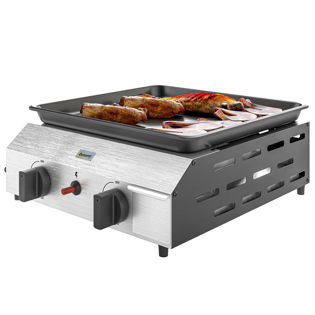 Gas Grill 8000BTU/2.4 KW Grill Cart incl. 2 Stainless Steel Burners Pressure Regulator 44 x 44.5 x 19 cm Silver+Black