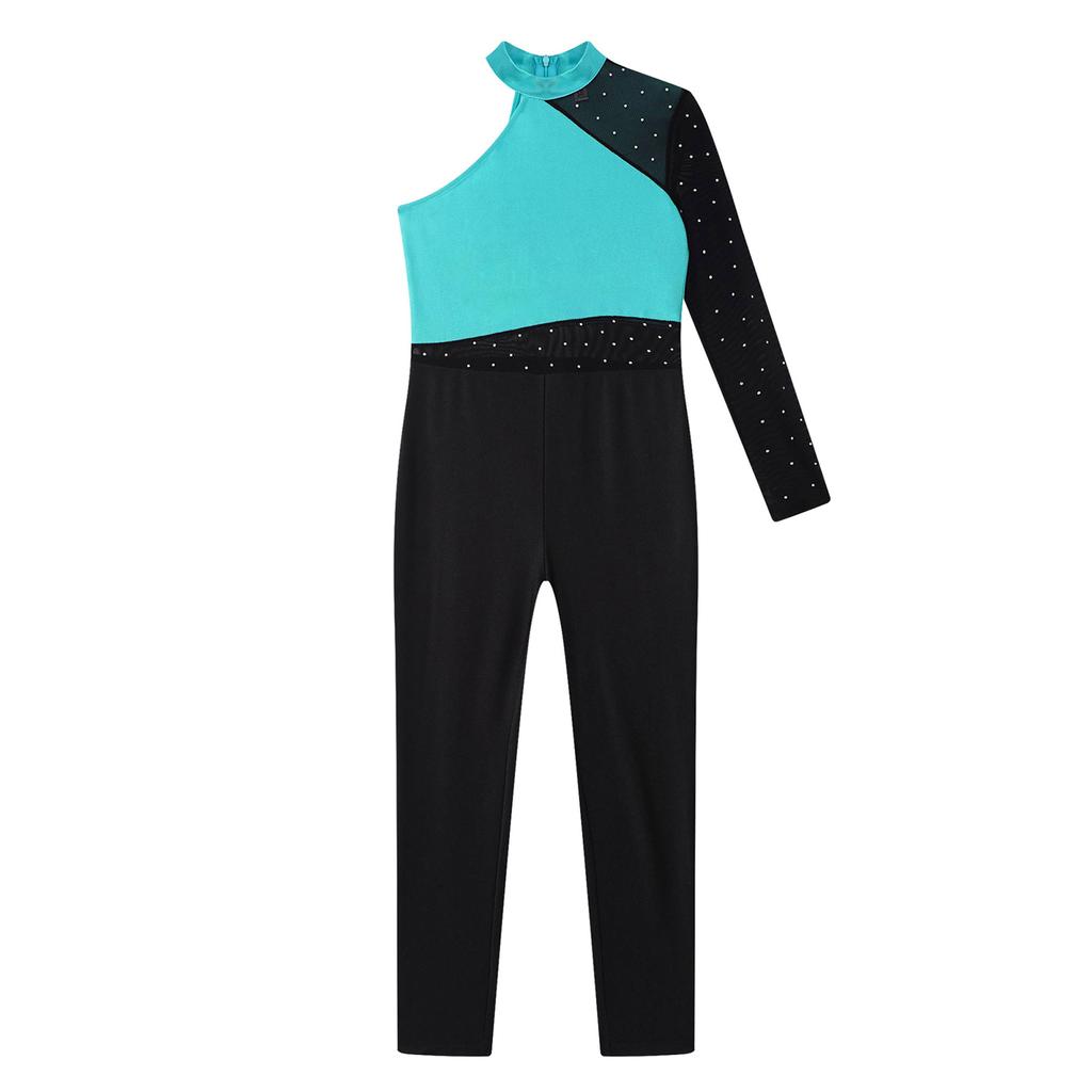 Girls One Mesh Sleeve Full Body Cover Jumpsuits Gymnastics Ballet Modern Dance Uniform Unitard Ice Skating Competition Costume
