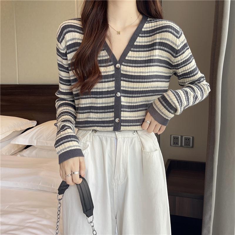 Retro Autumn and Winter Versatile Long-sleeved Collar Striped Cardigan Sweater Women's Knitted Bottoming Shirt Jacket Women