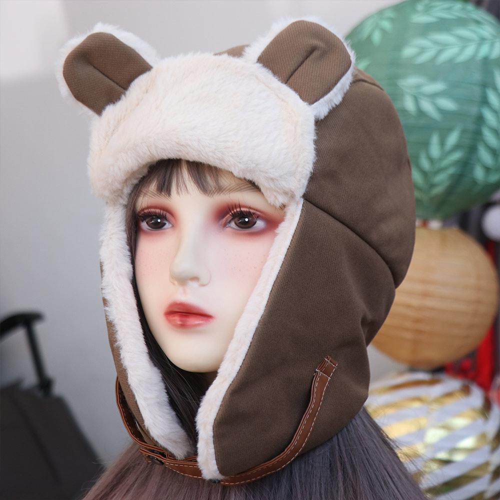Warm Bear Ear Pilot Hat Winter Ear Protection Hat Fashion Faux Fur Pilot Cap Men Women