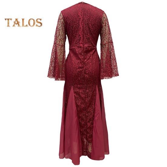 Женское вечернее платье с V-образным вырезом, прозрачной кружевной вышивкой, расклешенными рукавами, бальное платье А-силуэта, подол «рыбий хвост», облегающее коктейльное вечернее платье, выпускной, банкетное платье макси