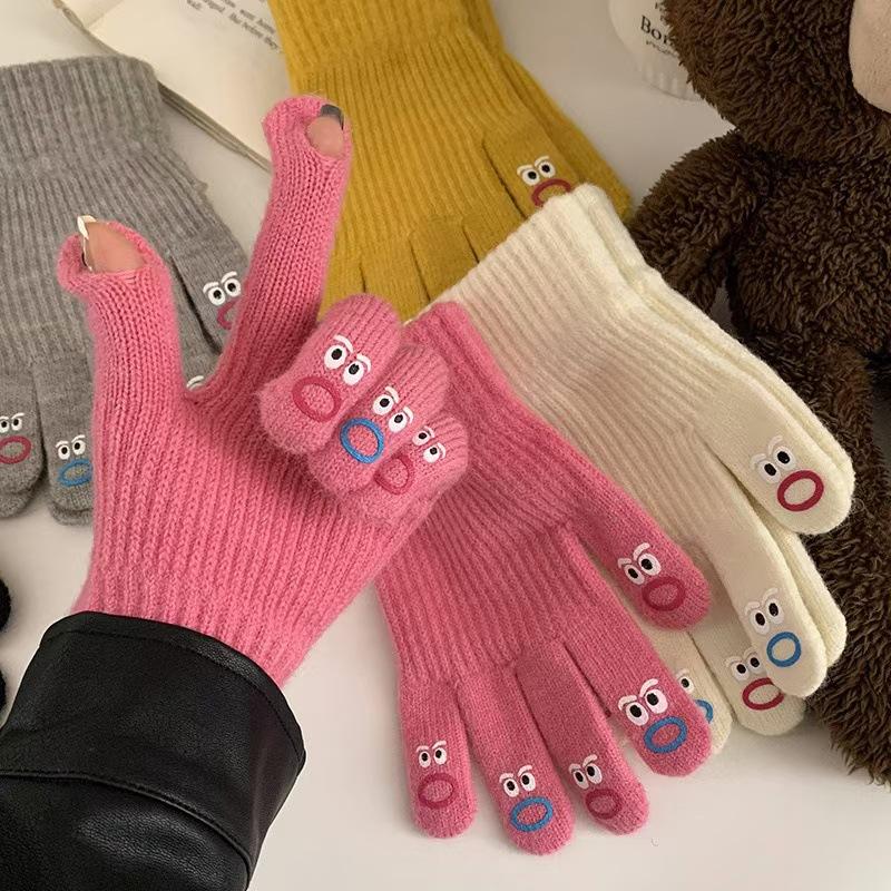 Autumn and Winter Warm Knitted Gloves for Students Cycling Creative Funny Five-finger Expression Full-finger Gloves