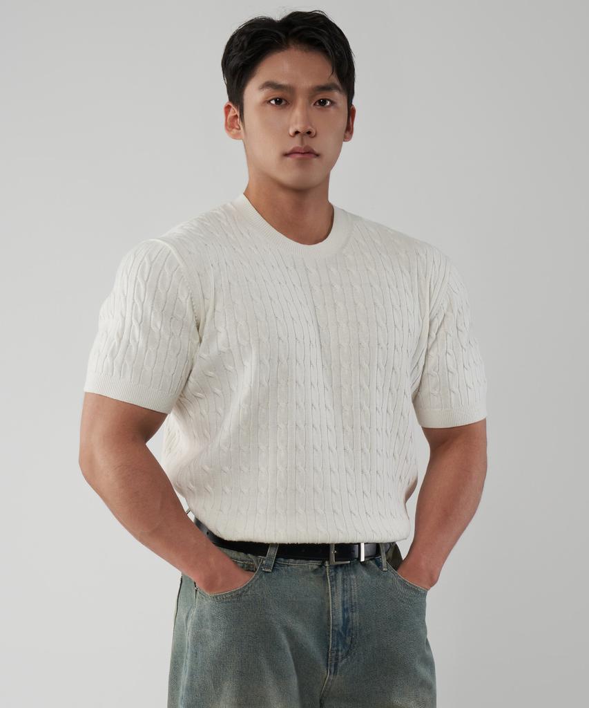 UNTAPPED STUDIO Muscle Fit Washable Cable Short Sleeve Round Knit 3 Colors