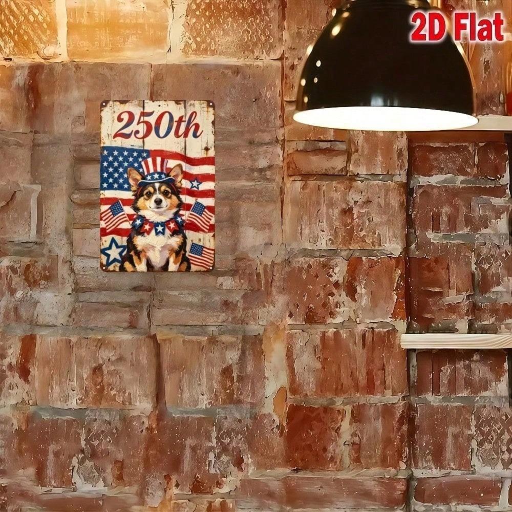 Плоский металлический знак 2D 8x12 дюймов Винтажный Корги Патриотическое настенное искусство День независимости США Предварительно просверленный Домашний декор