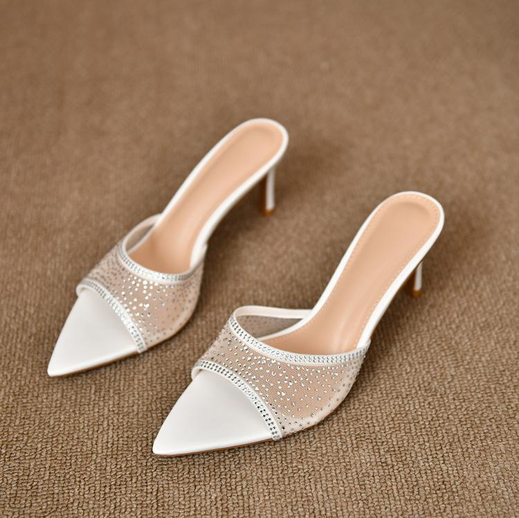 Pointed rhinestone cool slippers for women in summer European and American style, fine heels, open-toed fish mouth, high-heeled slippers for women, a