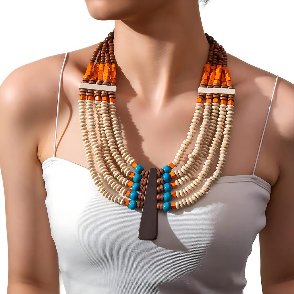 Fashion Personalized Wood Bead Handmade Beaded Necklace Exaggerated Retro Necklace National Style Accessories
