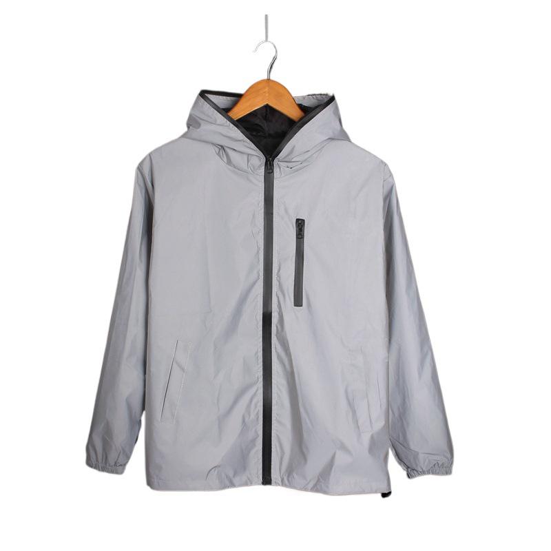 Men's Reflective Silver Grey Hooded Jacket - Trendy Spring/Autumn Streetwear for Outdoor Sports