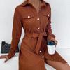 Women Corduroy Shirts Dress Solid Color Turn-Down Collar Button-Down Long Sleeve Dress Fall Casual Short Dress