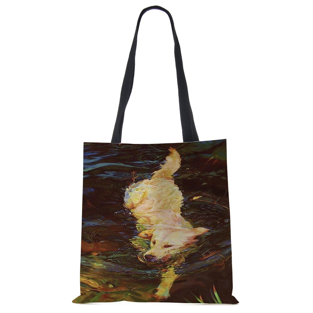Эксклюзивные сумки-шопперы с принтом масляной живописи собаки, для продуктов, с принтом папильона, мопса, ретривера, женская сумка через плечо, большая вместимость KTY