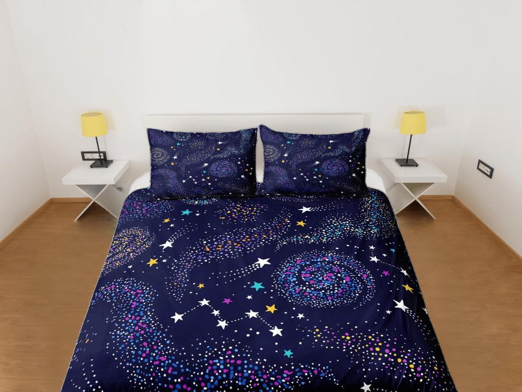 Galaxy Star Duvet Cover Set, Navy Blue and Multicolor Dorm Bedding, Space Print Quilt Cover, Custom Size Bedding Set, Bedroom Set