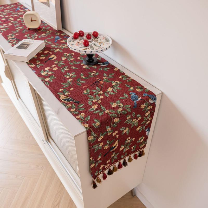 Кисточки Ретро дорожка для стола, жаккардовый узор с изображением красной иволги, украшение стола, цветочное украшение для рождественской кухни, обеденного стола, домашнего праздника