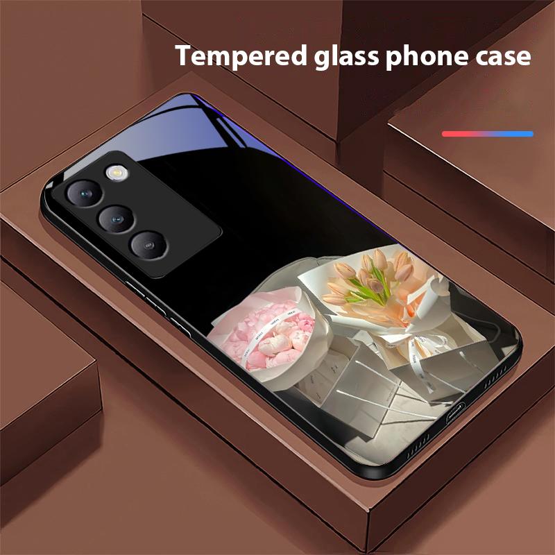 Чехол для телефона из закаленного стекла Pink Rose Blossoms для Y72 33S 11 03 36 96 Lite 35 16 Iqoo 12 V40 SE 5G 29 40 21 30 X80 Pro Vivo
