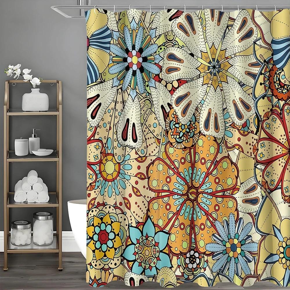~O~Colorful retro hippie flower shower curtain, bathroom decoration shower curtain, waterproof shower curtain with hooks