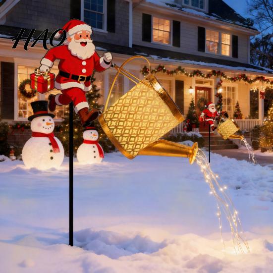 Auto On Off Patio Decorations Solar Powered Garden Lights, Santa Watering Can Stake Light Stakes for Outdoor Pathway Yard, Waterproof LED Landscape