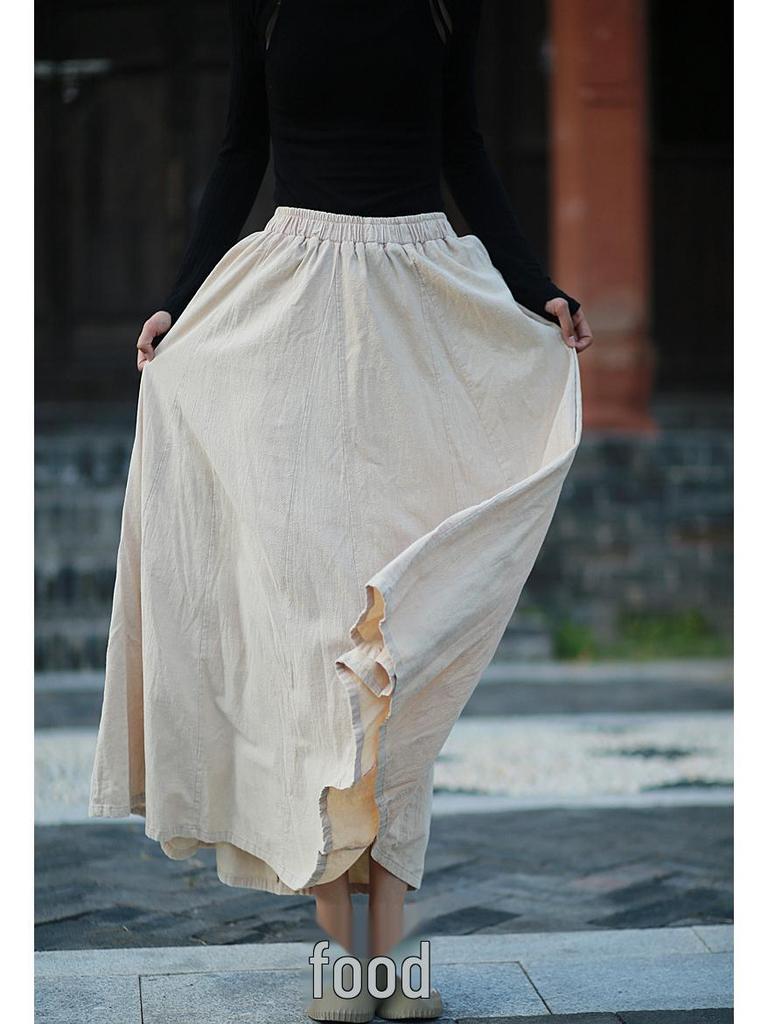 Retro Literary Burnout Cotton Linen Elastic Waist Midi Skirt - Autumn/Winter