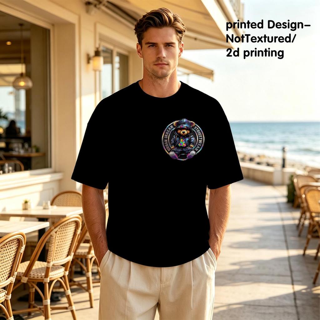 Men Crew Neck T‑Shirt, Urban Streetwear Hooded Bear Large Back Graphic Short Sleeve Tee