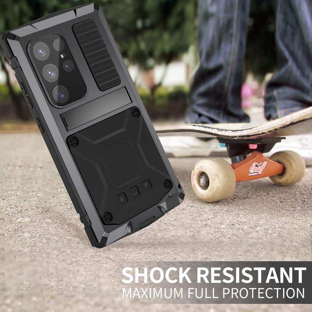 For Samsung Galaxy S24 Ultra Metal Bumper Heavy Duty Case with Stand Gorilla Glass Camera Cover Hybrid Durable Military Rugged Rugged Full Body