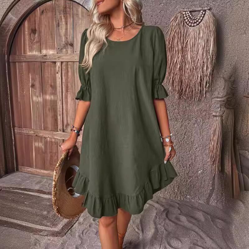Solid Color Half Sleeve Dress, Casual Crew Neck Dress For Spring, Women's Clothing