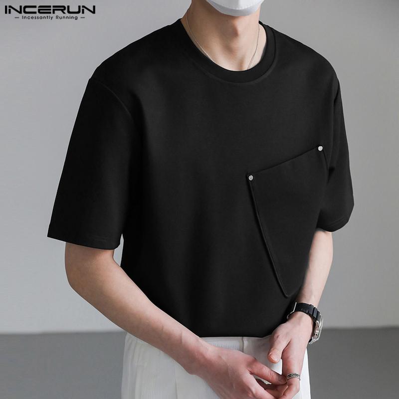 INCERUN Мужская дизайнерская простая однотонная футболка с короткими рукавами и большим карманом