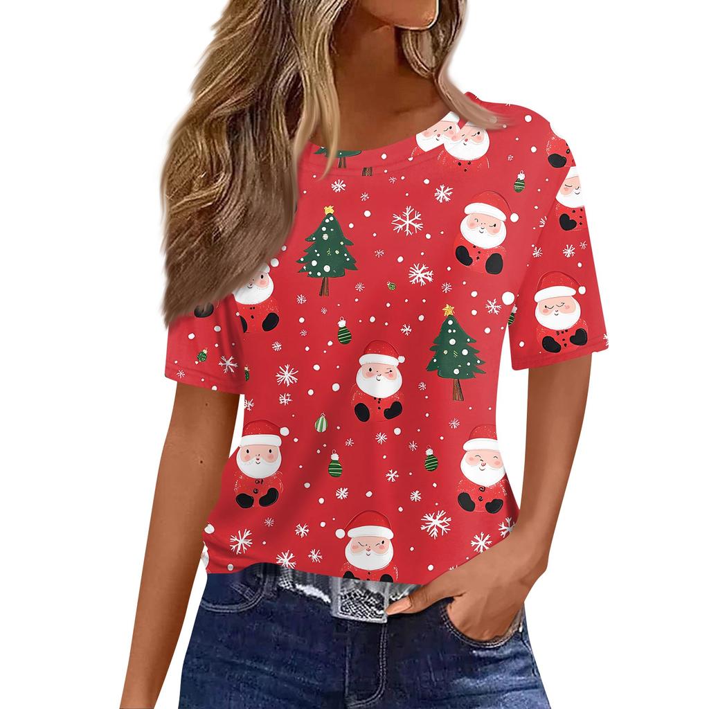 Женский модный повседневный свитер с короткими рукавами и круглым вырезом с рождественским принтом