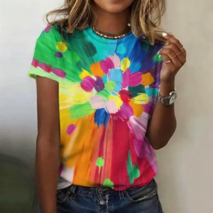 Женские футболки с круглым вырезом, 3D-принтом, модные, повседневные, с коротким рукавом - Мягкая полиэстеровая ткань средней эластичности, летняя одежда свободного кроя